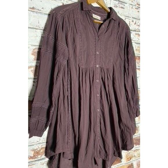 Free People Victorian Buttondown Pure Cotton Lace Detail Oversized Tunic Top - Picture 3 of 11